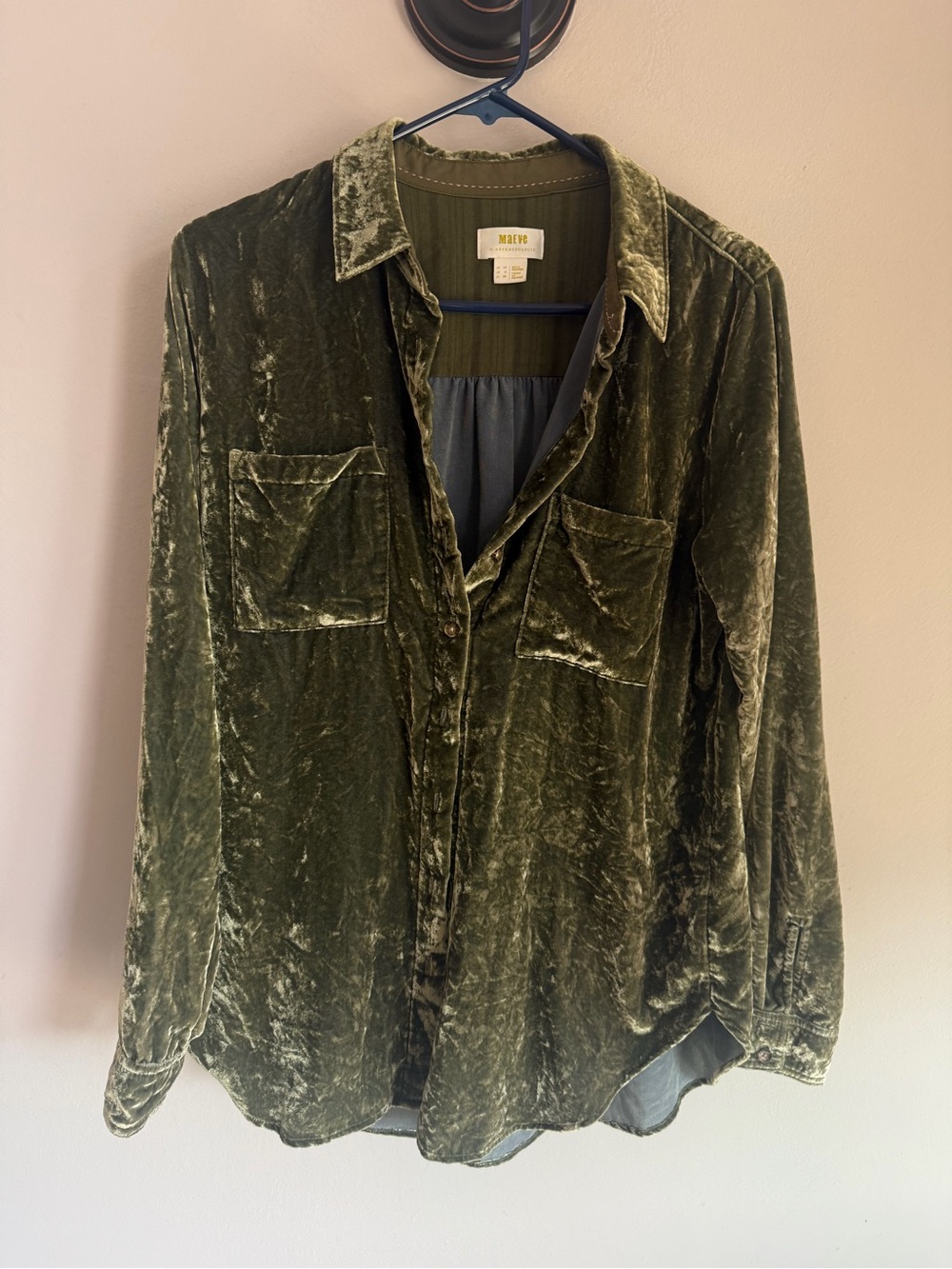 Maeve by Anthropologie Karina Velvet Button Down Shirt Olive Green Size 6